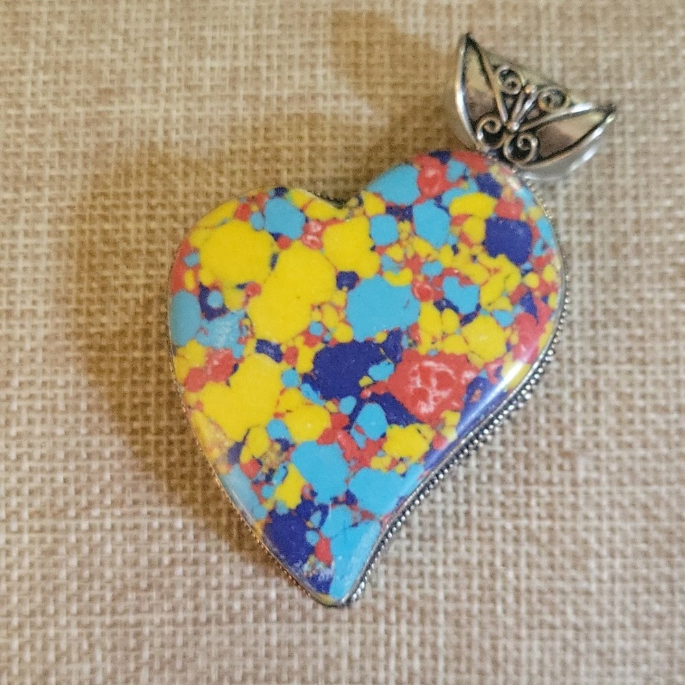 925 Sterling Silver Multi Color Composite Stone Heart Pendant 2in Eclectic
